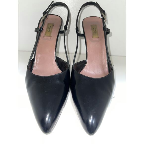 Prada Black Leather Pointed Toe Slingback Heels - Picture 1 of 4
